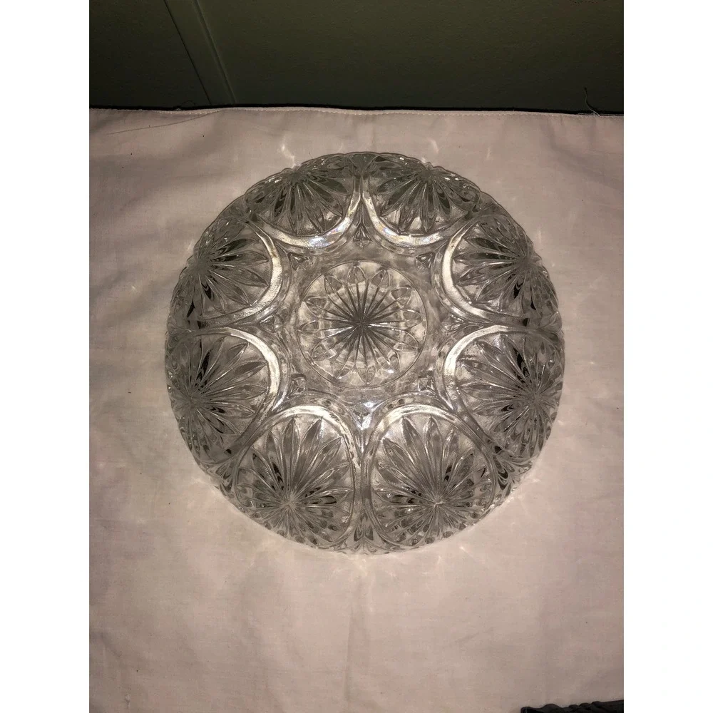 Vintage Clear Pressed Glass Serving Bowl Starburst Thumbprint Scalloped 8 Inch
